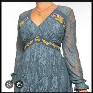 Francesca's Collections Blue Lace Dress with Yellow Floral Embroidery
